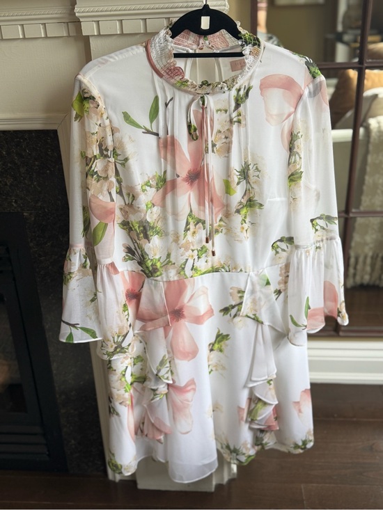 Ted Baker Dresses & Skirts - Ted Baker White Floral Tie-Neck Mini Dress with Pink & Green Accents